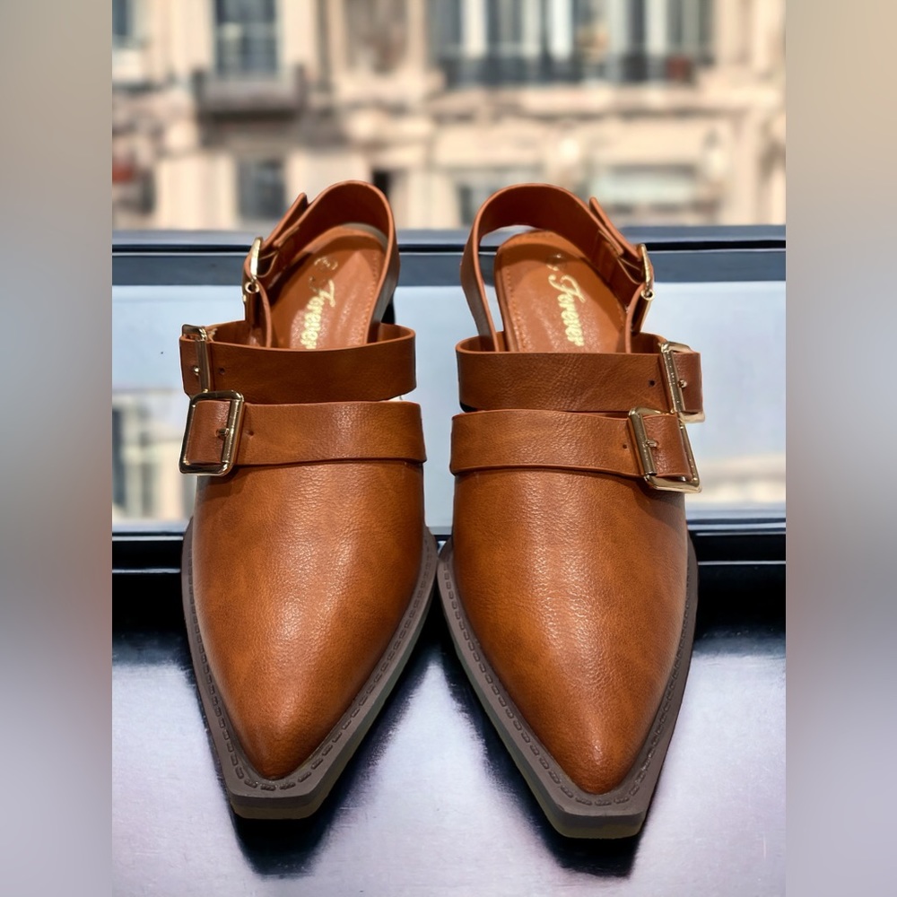 FOREVER TAN MULES WITH STRAP. Size 6, 3 inch heels.  NWOT. BOX INCLUDED